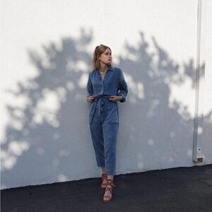 AllSaints Utility Blue Denim Jumpsuit ~ extra large pockets belt snap closures